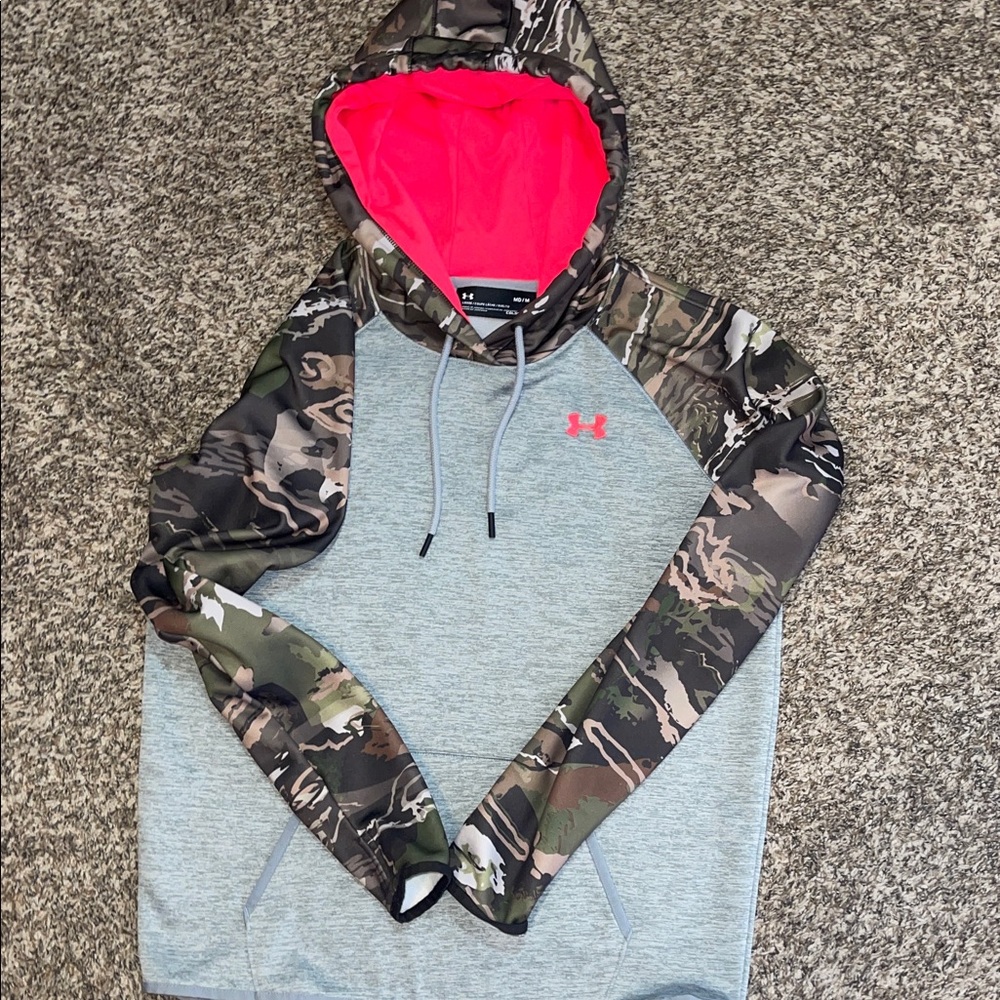 Under Armour Gray Hoodie with Camo Sleeves and Pink Lining